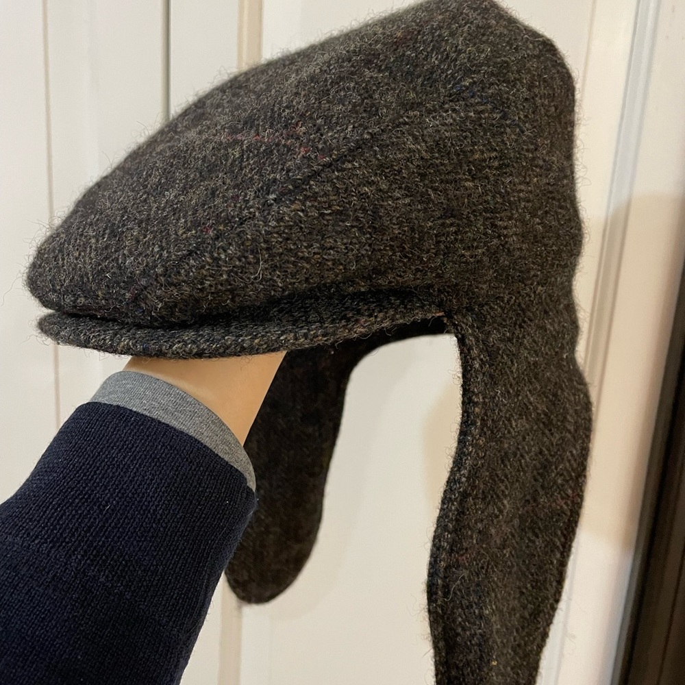 Men's Vintage 100% Wool Tweed Quilted Flat Cap with Ear Flaps